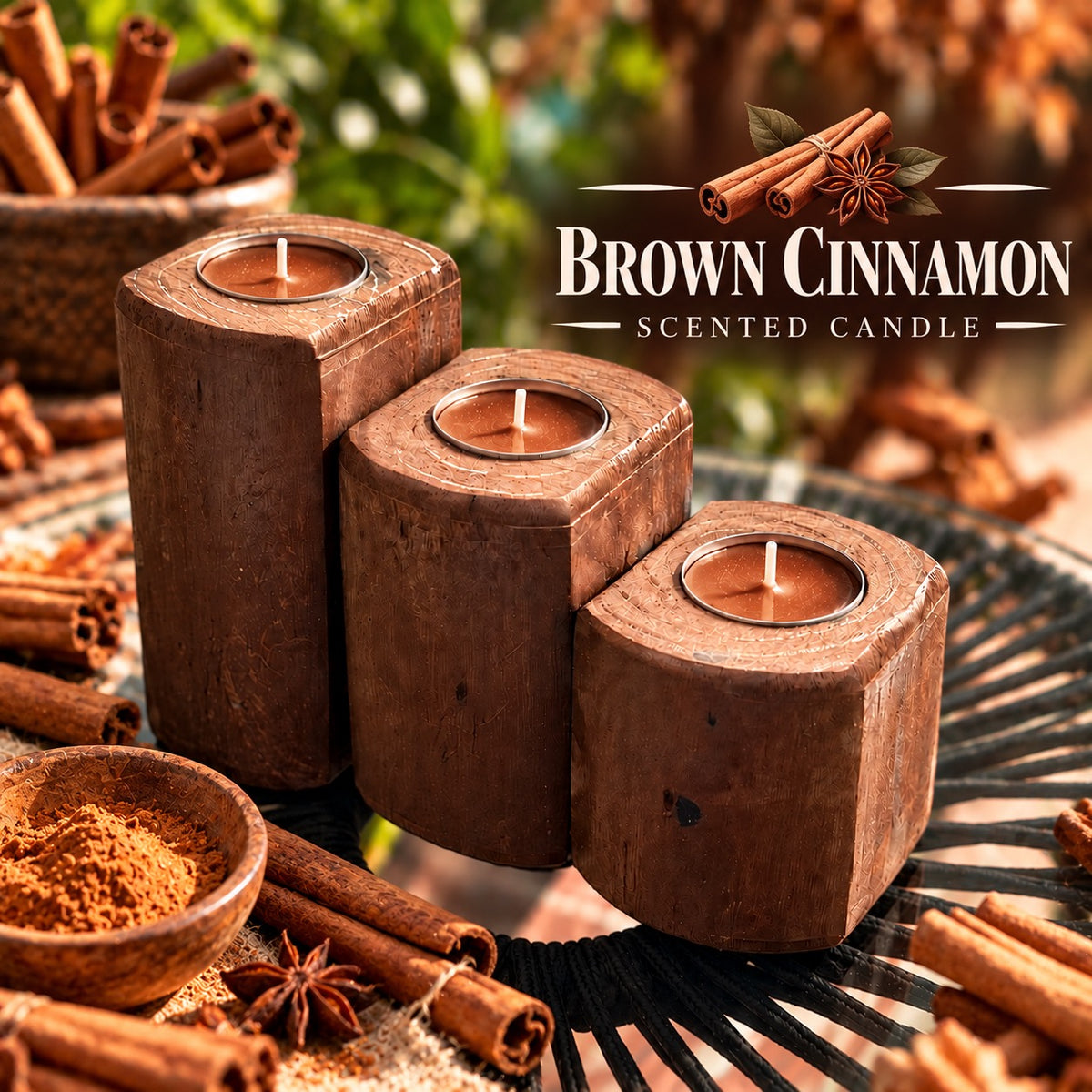 Three-piece American Brown wooden tea light candle holder set with brown cinnamon-scented tea lights, arranged in graduated sizes on a black outdoor table with cinnamon sticks, ground cinnamon, and star anise, featuring Brown Cinnamon Scented Candle text.