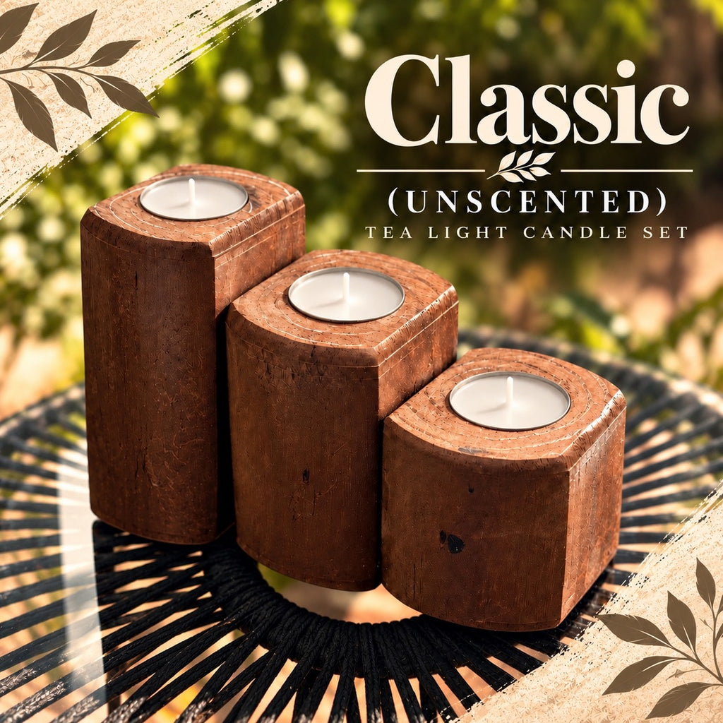 Three-piece American Brown wooden tea light candle holder set with unscented white tea lights, arranged in graduated sizes on a black outdoor table, with a soft green and gold background and Classic Unscented Tea Light Candle Set text.