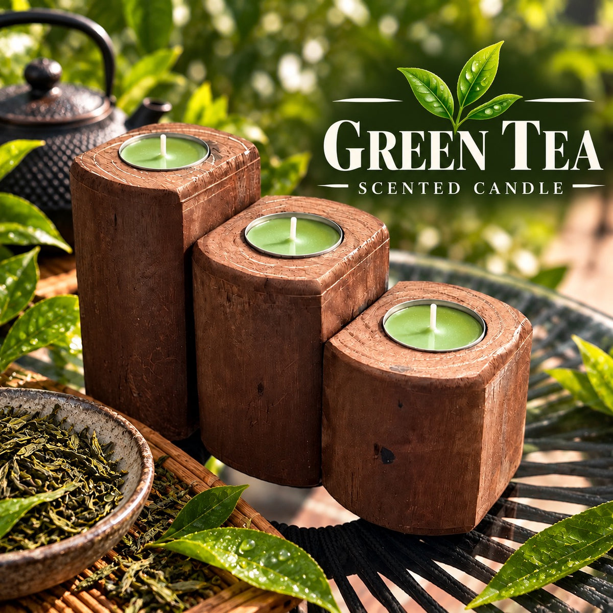 Three-piece American Brown wooden tea light candle holder set with green tea-scented candles, displayed beside green tea leaves and fresh green foliage. 