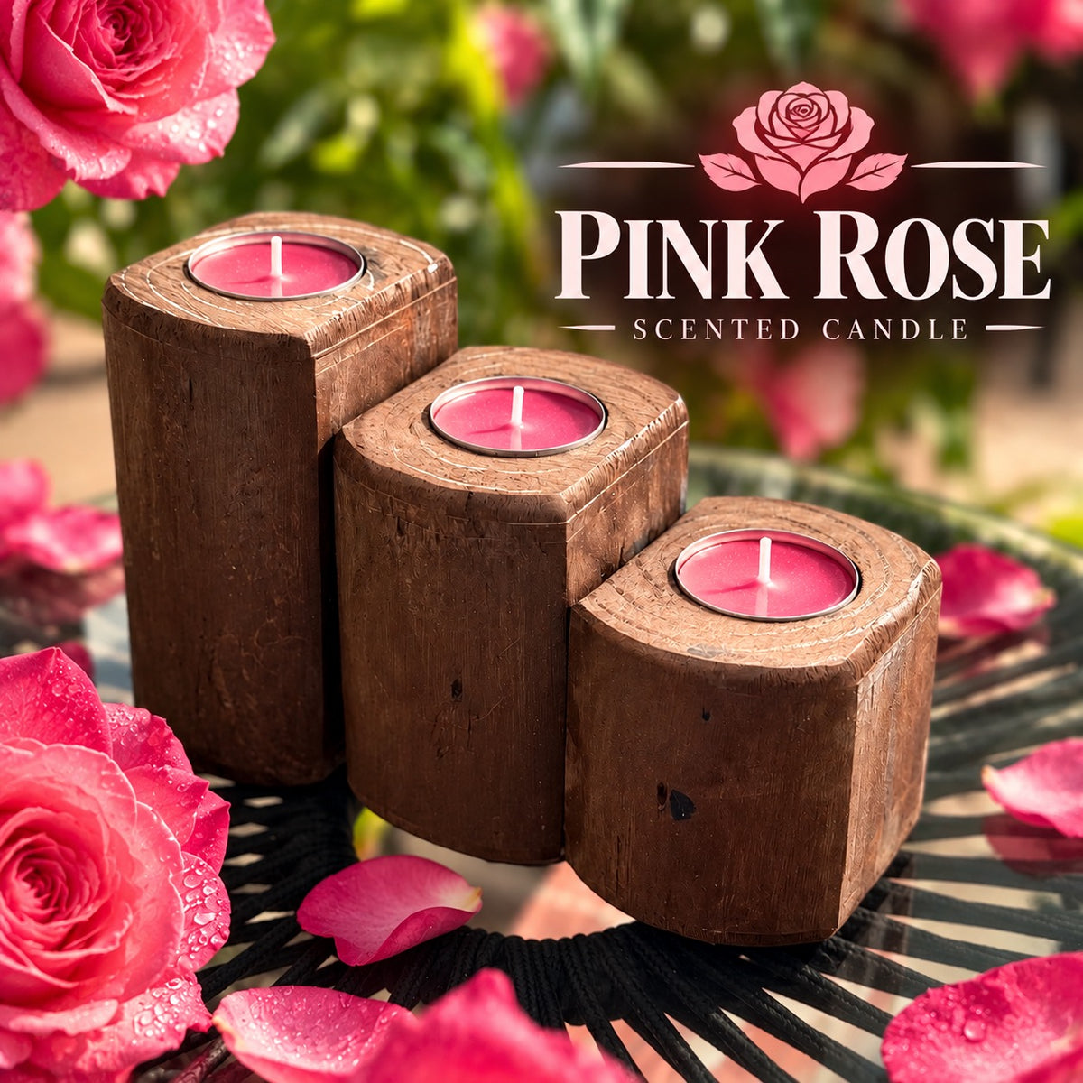 Three-piece American Brown wooden tea light candle holder set with pink rose-scented tea lights, arranged in graduated sizes on a black outdoor table, surrounded by pink roses and rose petals, with Pink Rose Scented Candle text.