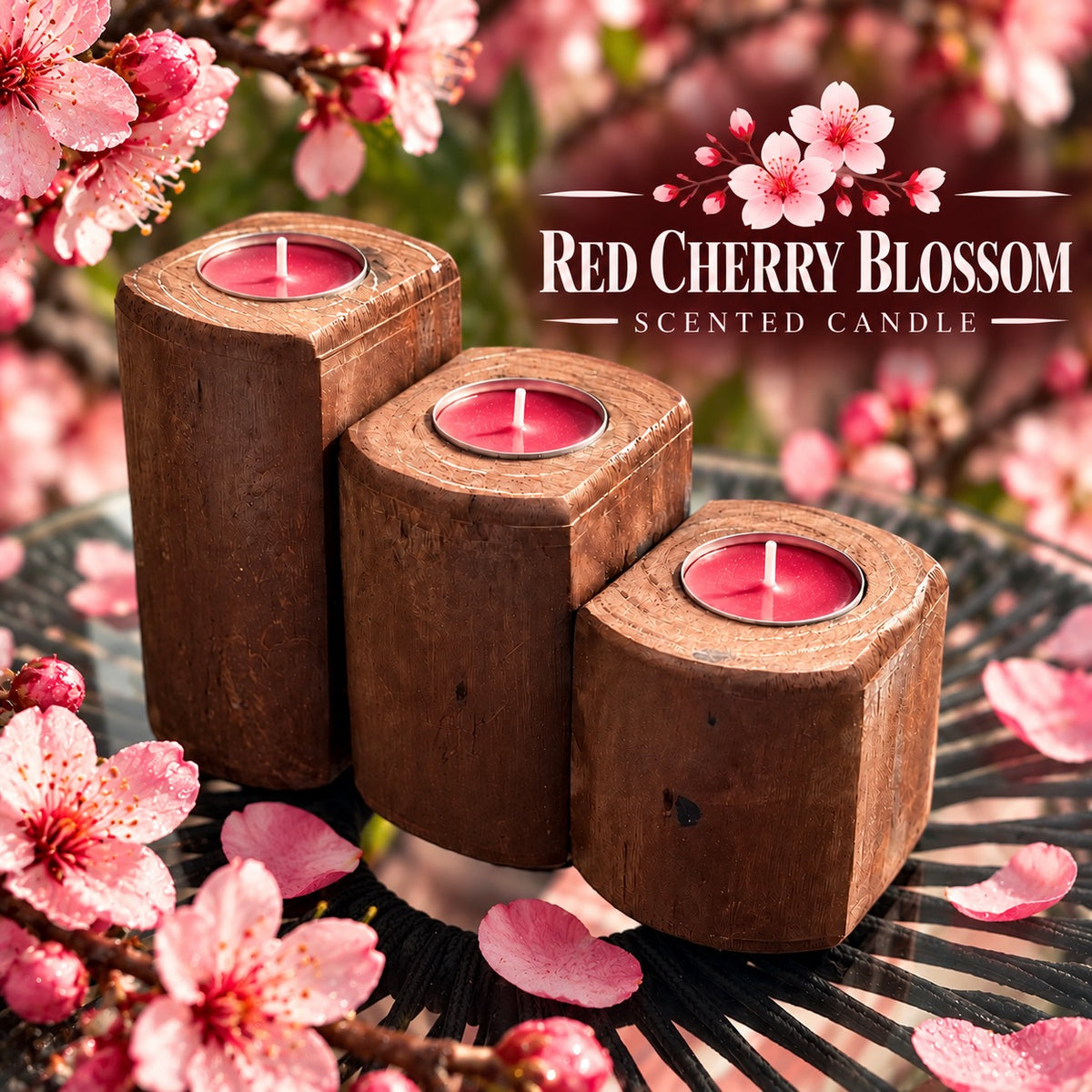 Three-piece American Brown wooden tea light candle holder set with red cherry blossom-scented tea lights, arranged in graduated sizes on a black outdoor table, surrounded by pink cherry blossoms with Red Cherry Blossom Scented Candle text.
