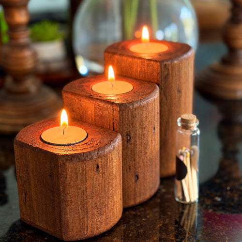 Three-piece American Brown wooden tea light candle holder set in graduated sizes