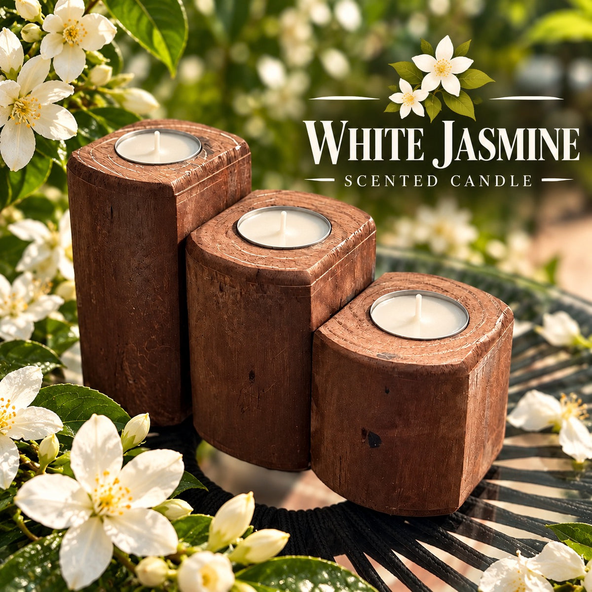 Three-piece American Brown wooden tea light candle holder set with white jasmine tea lights, arranged in graduated sizes on a black outdoor table surrounded by white jasmine flowers and green leaves, featuring White Jasmine Scented Candle text.